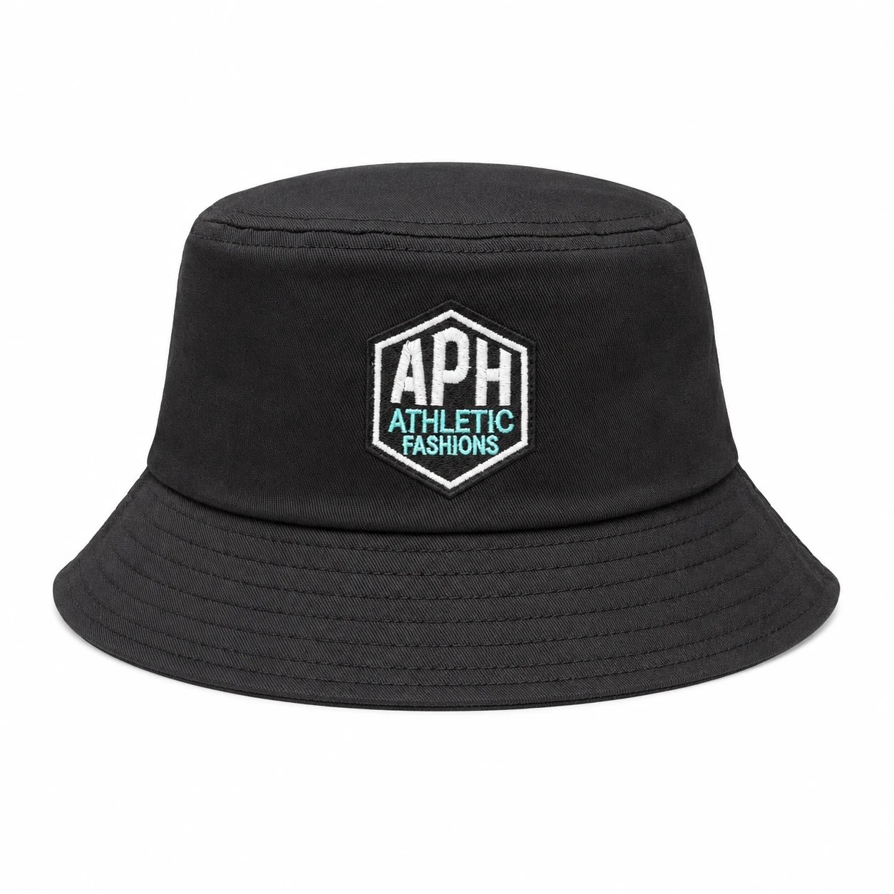 Black bucket hat with the embroidered APH Athletic Fashions hexagon patch in white and teal