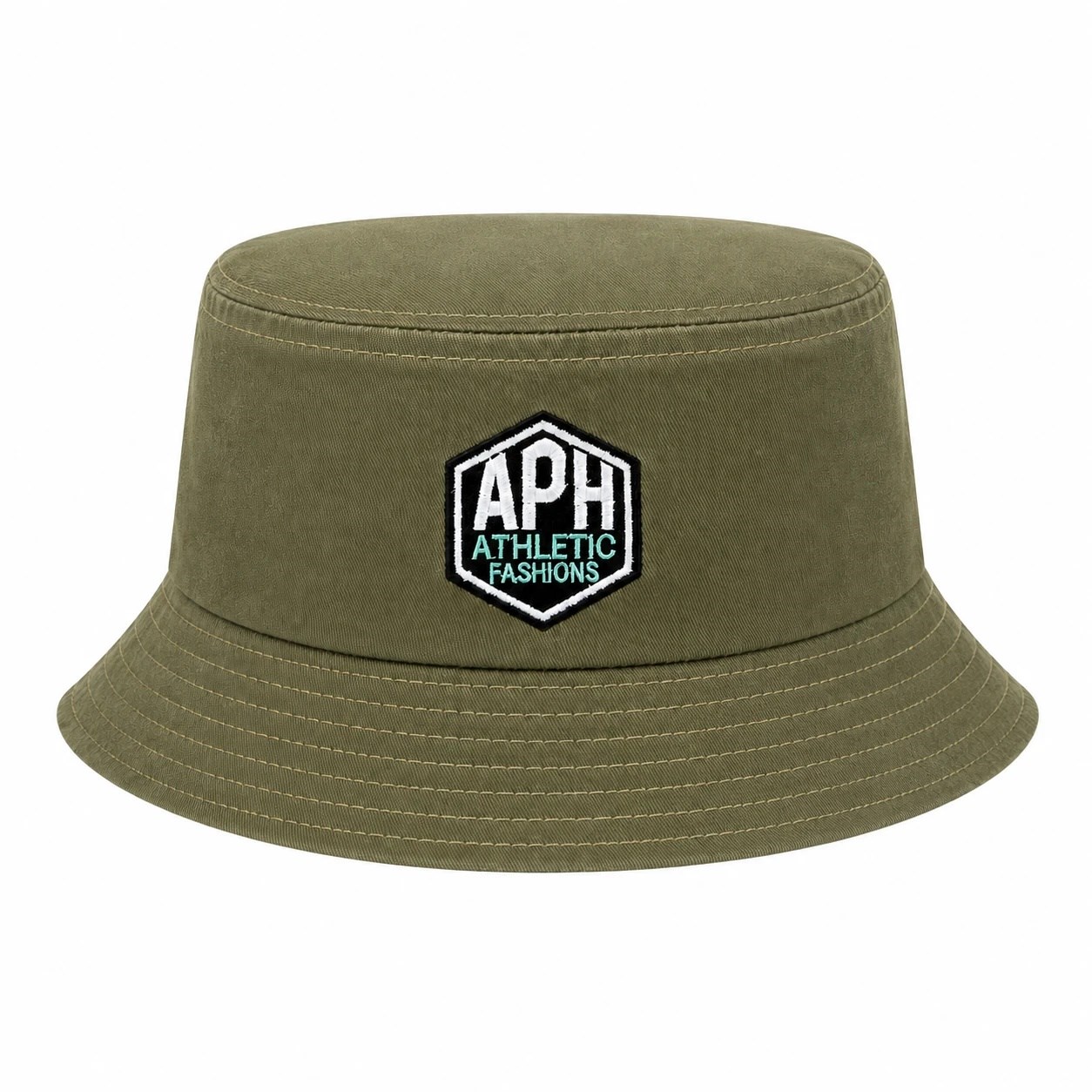 Olive green bucket hat with the APH Athletic Fashions hexagon patch