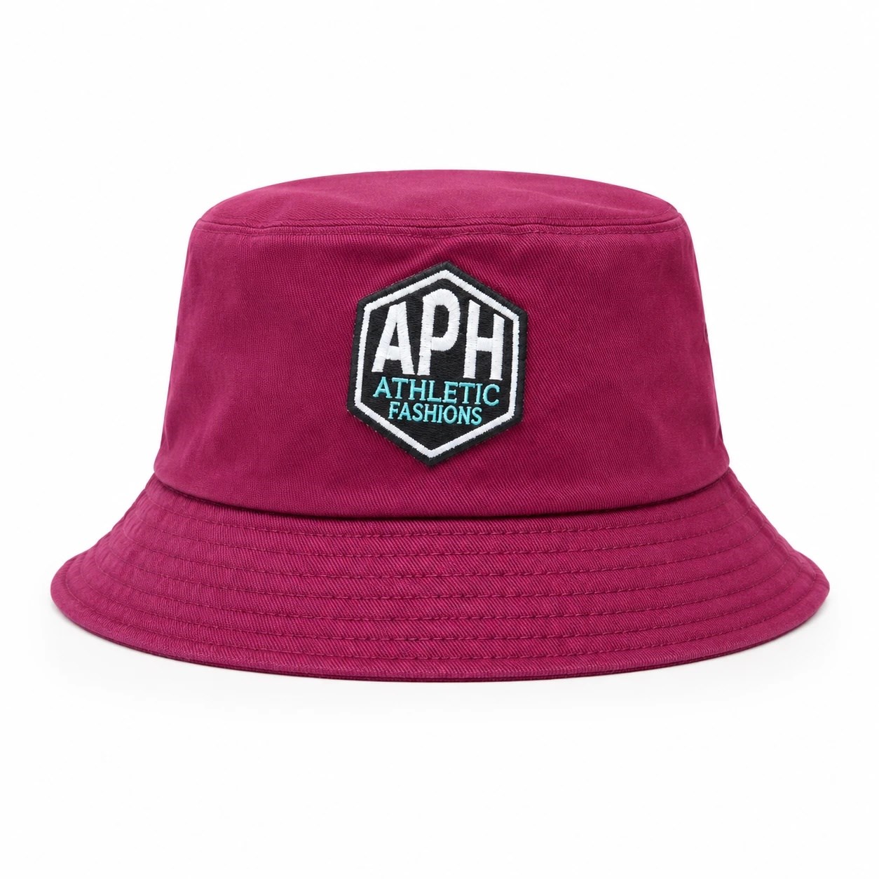 Magenta bucket hat with the embroidered APH Athletic Fashions hexagon patch