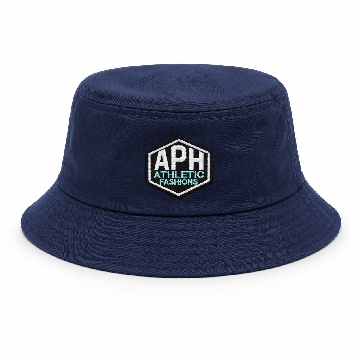 Navy bucket hat with the embroidered APH Athletic Fashions hexagon patch