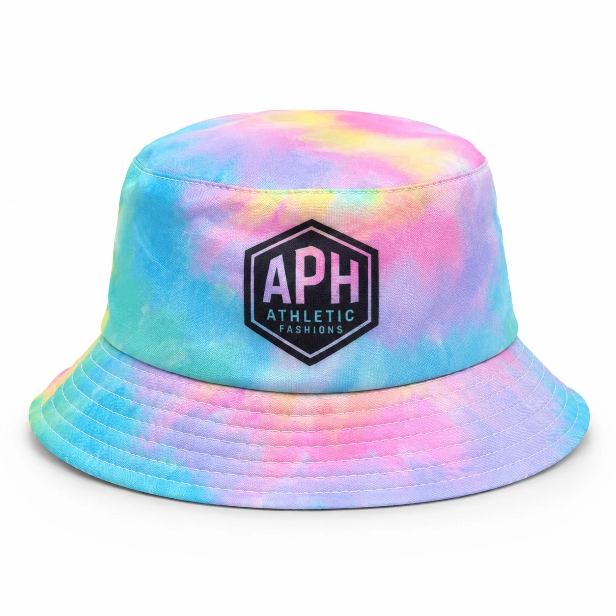 Pastel tie-dye bucket hat with the printed APH Athletic Fashions hexagon logo