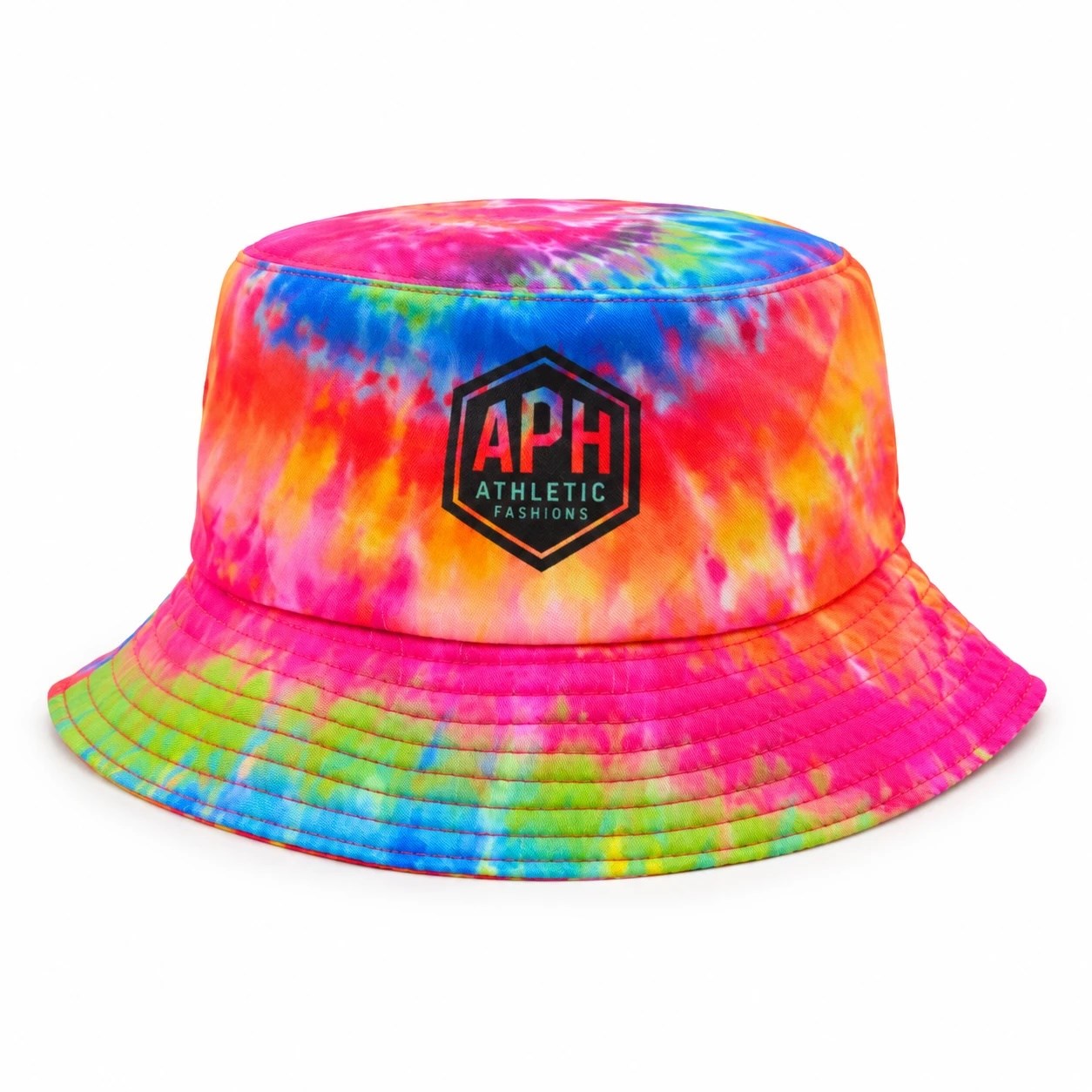 Rainbow tie-dye bucket hat with the printed APH Athletic Fashions hexagon logo