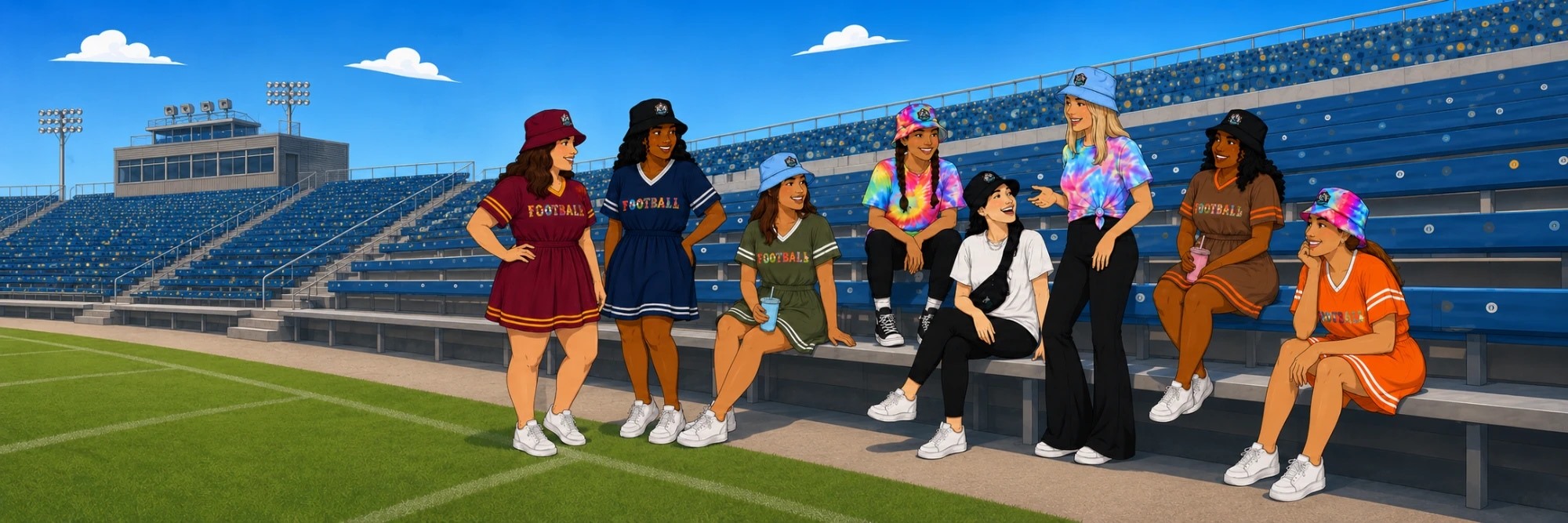 Eight women of different shapes, sizes and skin tones at a football stadium wearing APH Women's Fanfare Jersey dresses in maroon, navy, olive, brown and orange, the tie-dye Unapologetically Me tee, and APH bucket hats