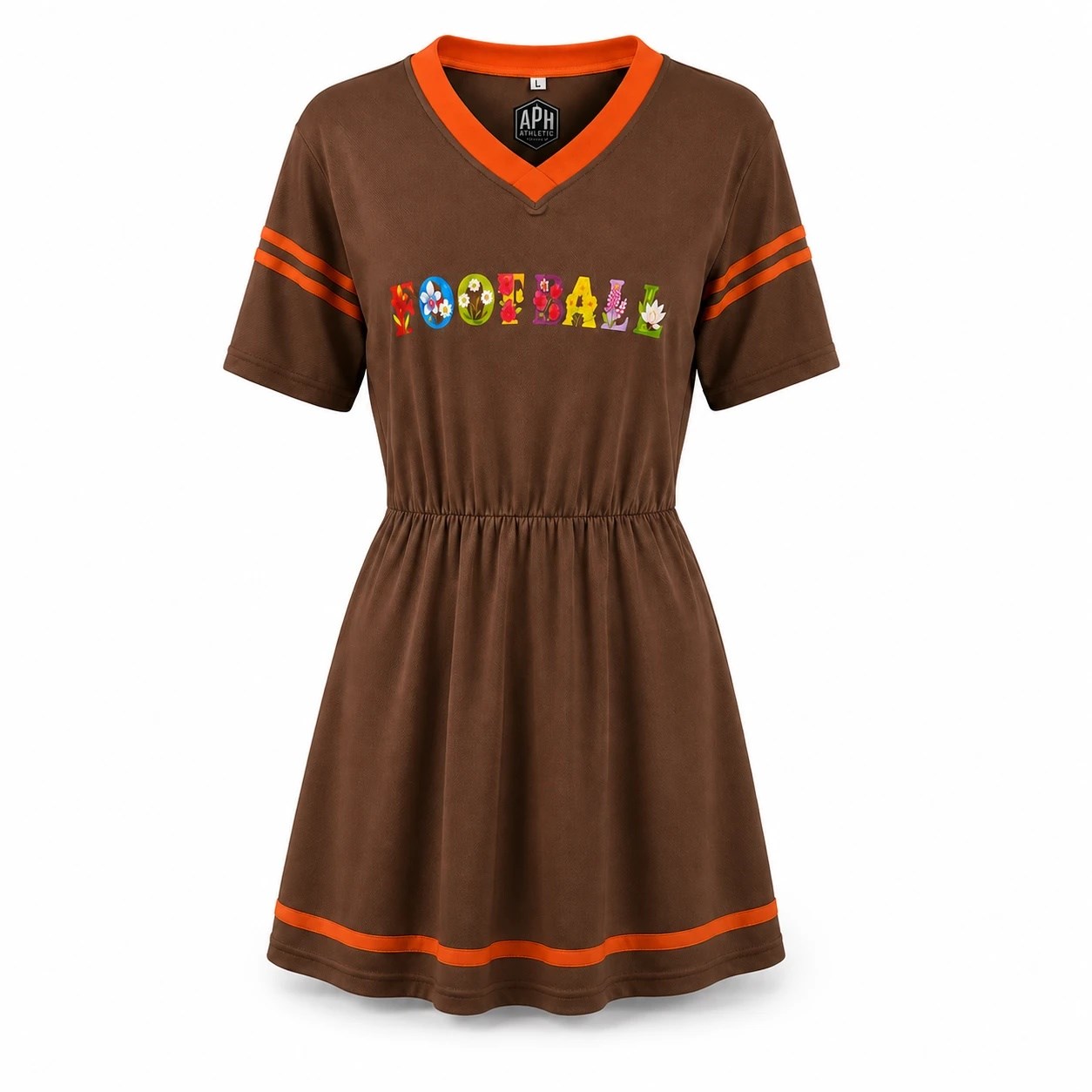 Brown and orange APH Women's Fanfare Jersey dress with a colorful wildflower FOOTBALL wordmark, shown in size L