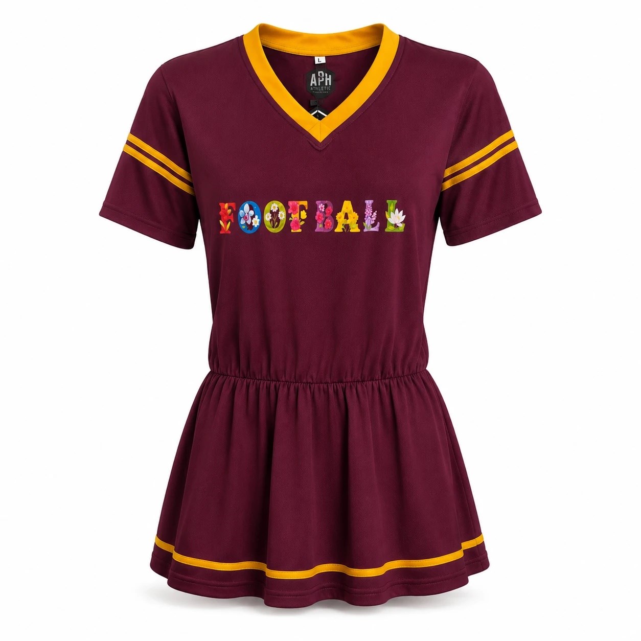 Maroon and gold APH Women's Fanfare Jersey dress with a colorful wildflower FOOTBALL wordmark