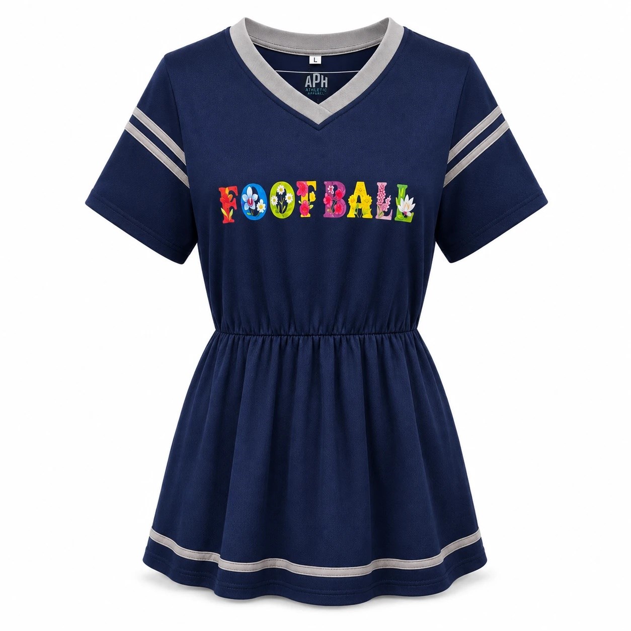 Navy and gray APH Women's Fanfare Jersey dress with a colorful wildflower FOOTBALL wordmark