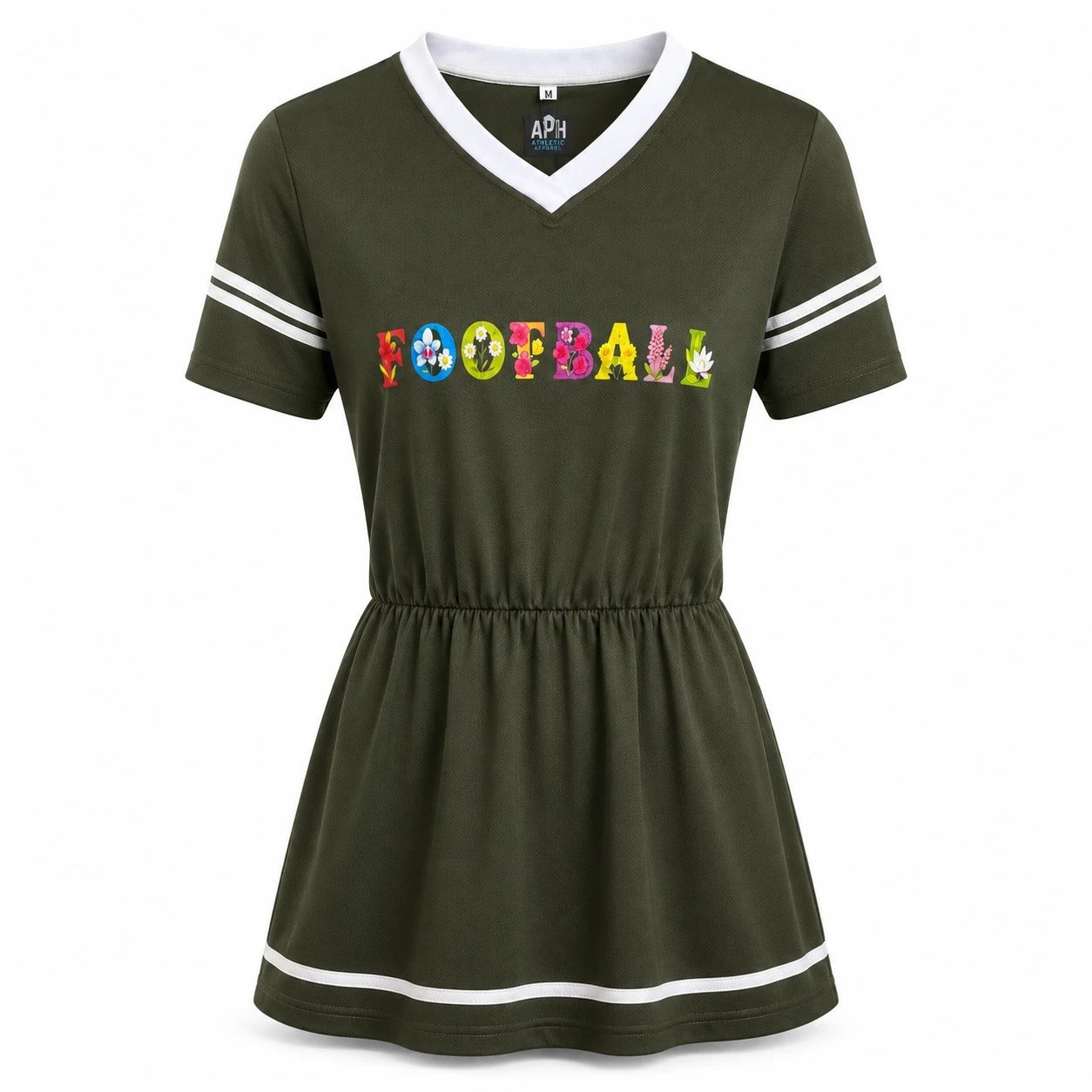 Olive green and white APH Women's Fanfare Jersey dress with a colorful wildflower FOOTBALL wordmark, shown in size M