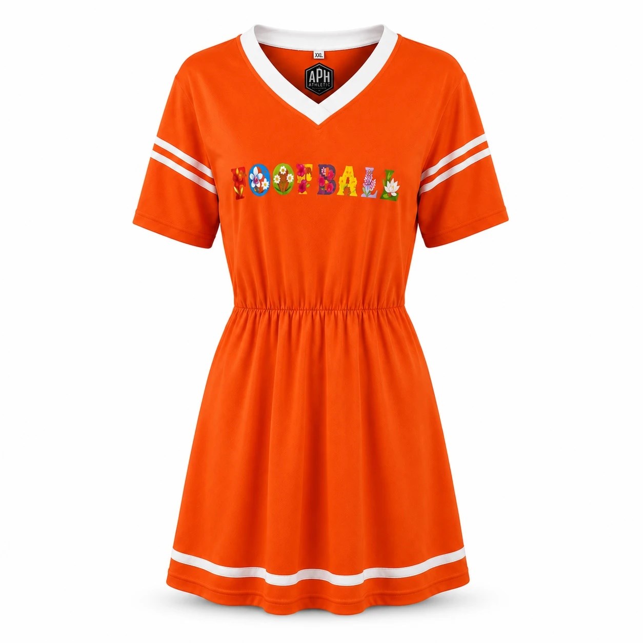 Orange APH Women's Fanfare Jersey dress with a colorful wildflower FOOTBALL wordmark, white collar and sleeve stripes