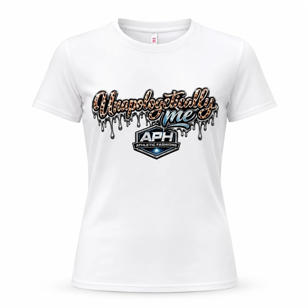 White Unapologetically Me t-shirt with a leopard-print drip lettering design and the APH Athletic Fashions logo